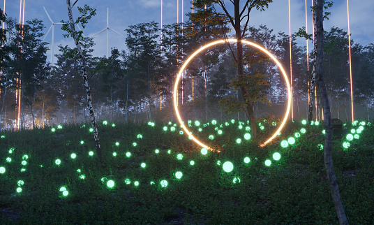 Yellow and green neon lights between the trees in the forest, symbolize merging futuristic technology and ecology. (3d render)