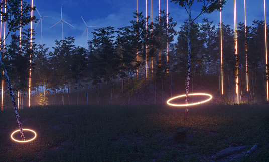 Yellow neon lights between the trees in the forest, symbolize merging futuristic technology and ecology. (3d render)