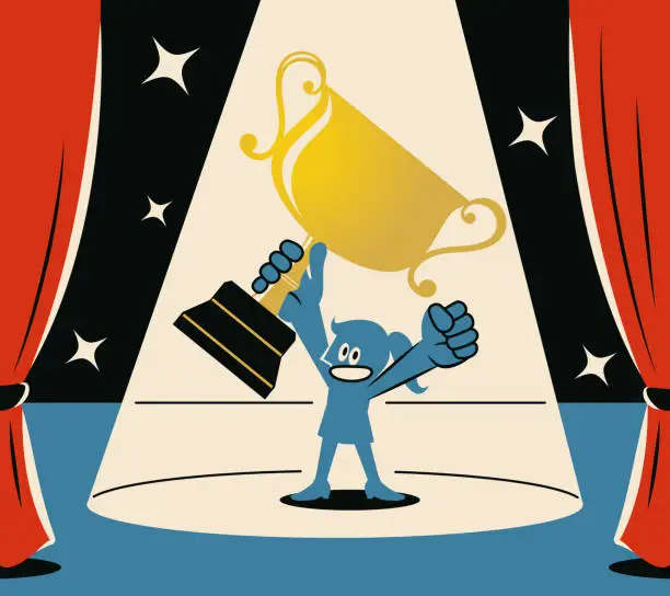 Vector illustration of A smiling blue woman holding the trophy aloft on stage with a spotlight