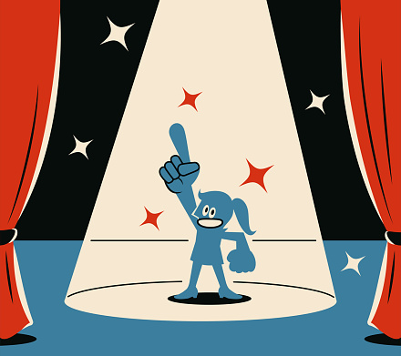 Blue Cartoon Characters Design Vector Art Illustration.
A smiling blue woman gives a perfect number 1 hand gesture on stage with a spotlight.