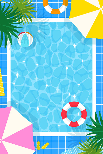 Summer pool party poster design template with palm leaves, water, beach ball and inflatable swimming rings. Vector holiday illustration for banner, flyer, invitation, poster.