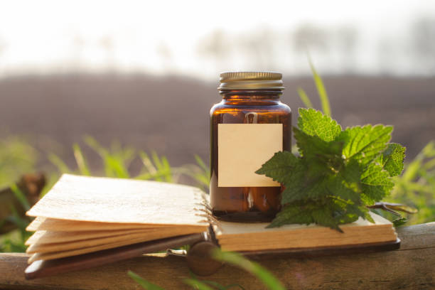istock Open old notanik and medicine container, fresh herbs from the nettle 1500561498