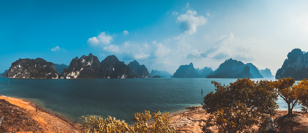 Beautiful panorama landscape view of mountain and water in Ratchaprapha Dam at Khao Sok National Park, Surat Thani Province, Thailand