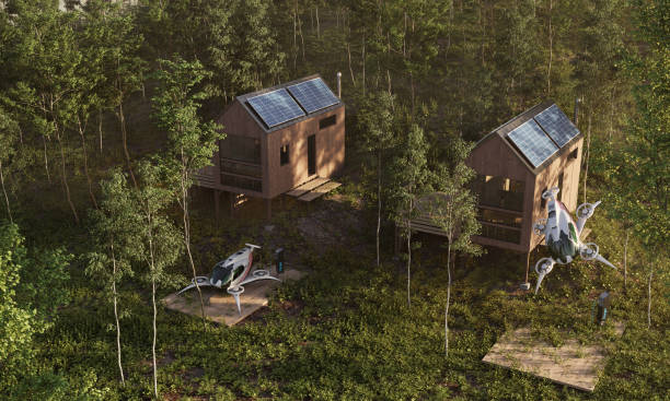 istock Energy efficient houses with solar panels and eVTOLs 1500566026
