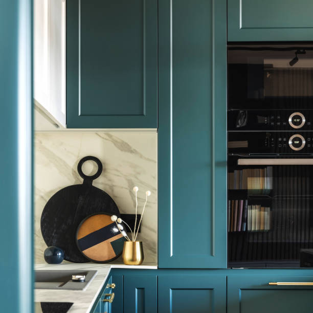 istock Luxury modern and vintage turquoise and white kitchen.  Marble wall. Built in kitchen. Template. 1500566155