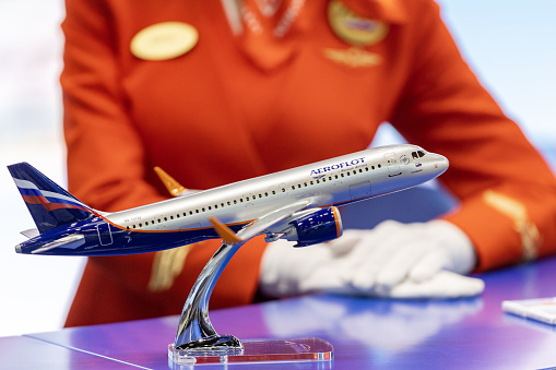 Russia. Saint-Petersburg. Models of Aeroflot aircraft. Stands of the St. Petersburg Economic Forum.