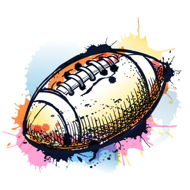 American football sports ball on watercolor splash background. Vector hand drawn sketch illustration American football sports ball on watercolor colorful splash background. Vector hand drawn sketch illustration. Football competition championship concept. Sports print, poster or banner design element pics for football graphics stock illustrations