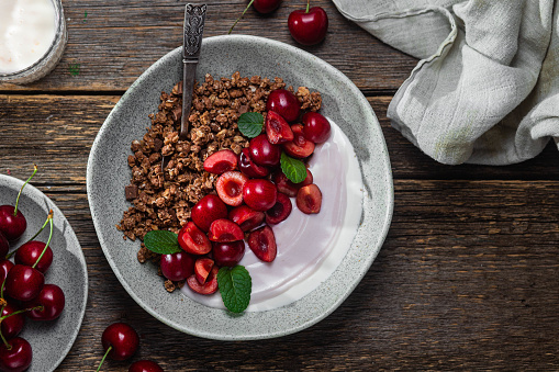 Granola with yogurt and cherries in a bowl