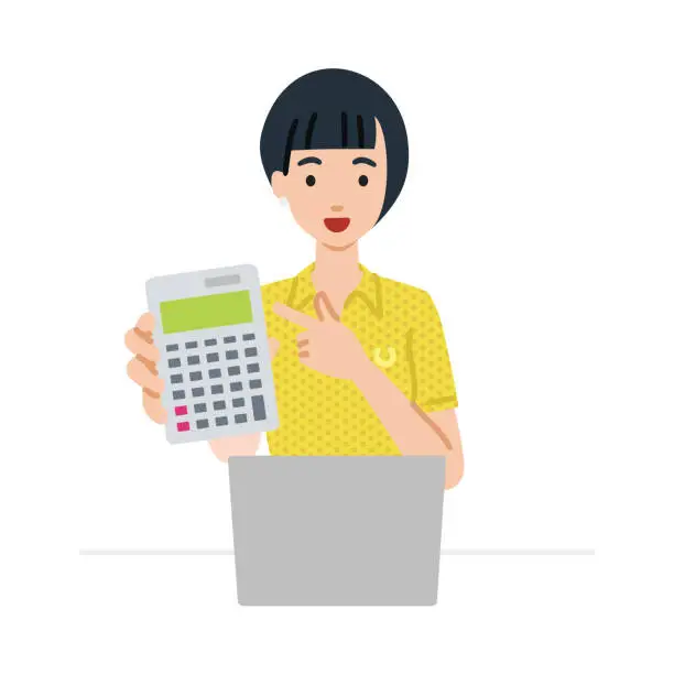 Vector illustration of a woman in polo shirt recommending, proposing, showing estimates and pointing a calculator with a smile in front of laptop pc