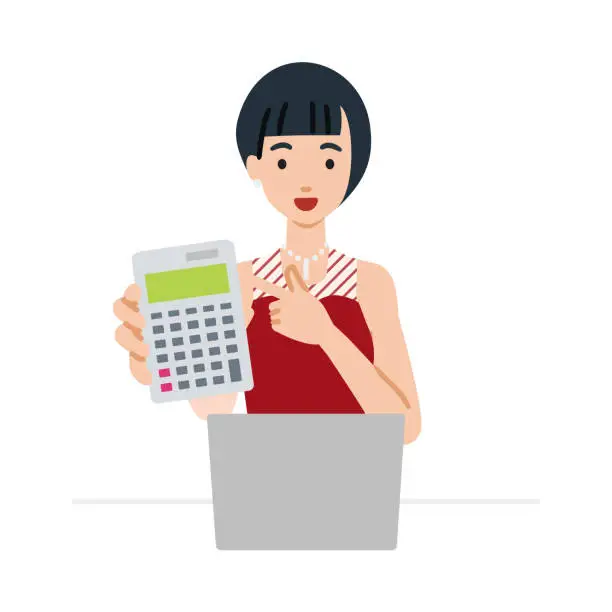 Vector illustration of a woman in a dress recommending, proposing, showing estimates and pointing a calculator with a smile in front of laptop pc