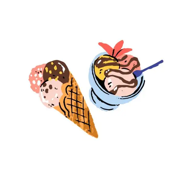 Vector illustration of Yummy ice cream balls in waffle cone and bowl. Delicious icecream, gelato, sweet frozen summer food. Tasty cold dessert for refreshment. Flat vector graphic illustration isolated on white background