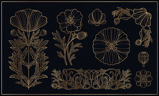 Floral poppy plant in art nouveau 1920-1930. Hand drawn in a linear style with weaves of lines, leaves and flowers. Vector illustration.