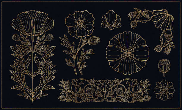 Floral poppy plant in art nouveau 1920-1930. Hand drawn in a linear style with weaves of lines, leaves and flowers. Floral poppy plant in art nouveau 1920-1930. Hand drawn in a linear style with weaves of lines, leaves and flowers. Vector illustration. intricacy stock illustrations