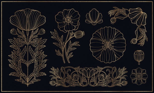 Floral poppy plant in art nouveau 1920-1930. Hand drawn in a linear style with weaves of lines, leaves and flowers. Floral poppy plant in art nouveau 1920-1930. Hand drawn in a linear style with weaves of lines, leaves and flowers. Vector illustration. filigree illustrations stock illustrations