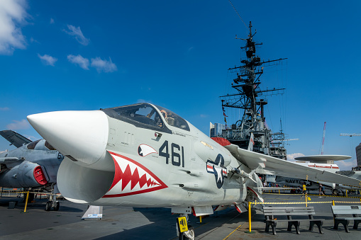 F-8 Crusader supersonic jet aircraft fighter on the flight deck of the USS Midway in San Diego, California