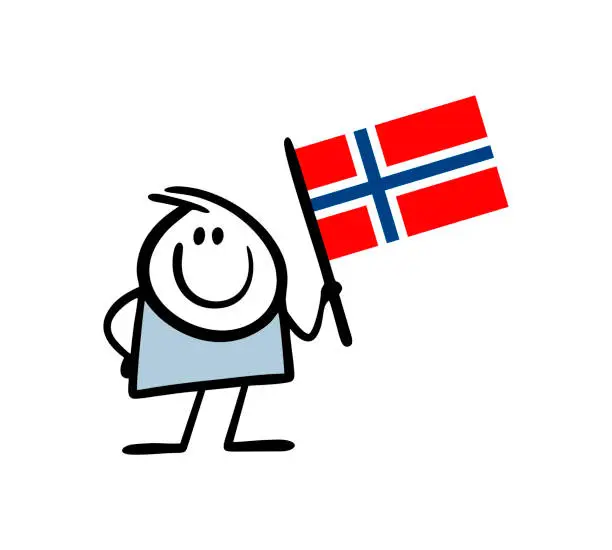 Vector illustration of Funny stickman boy holding a big flag of Norway, scandinavian country. Vector illustration norwegian and national symbol.