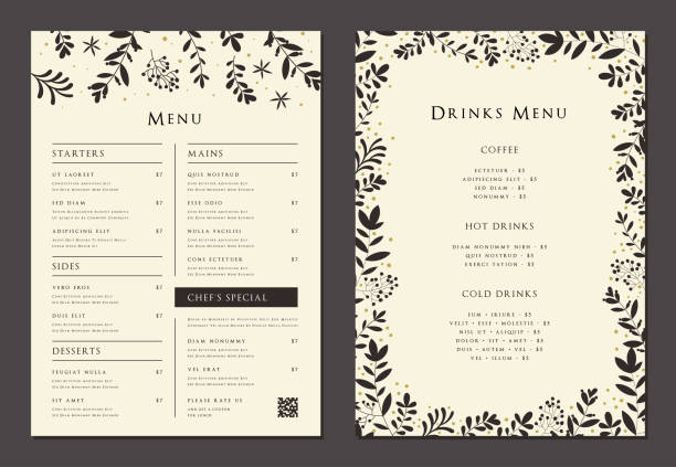 Universal Menu Templates_06 Floral elegant templates. Wedding and restaurant menu. Good for banners, greeting and business cards, invitations, flyers, brochure, post in social networks, advertising, events and page cover, background. menu stock illustrations