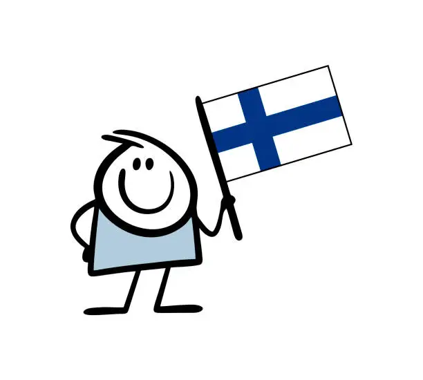 Vector illustration of Funny stickman boy with waving flag of Finland, scandinavian country. Vector illustration of finnish person.