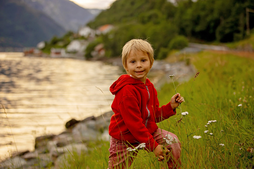 People, children enjoying the amazing views in Norway to fjords, mountains and other beautiful nature miracles