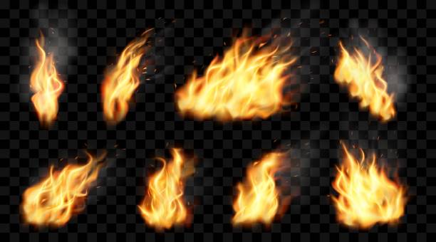 ognisty płomień. realistyczny efekt spalania. spalanie na gorąco. iskra i dym. piekło płonie. czerwony i ciemny kominek. ognisty wybuch. światło latarki. zestaw elementów ogniska. wektorowa ilustracja neoteryczna - wildfire smoke stock illustrations