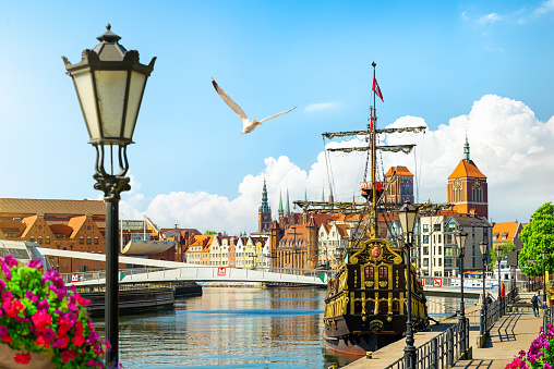 Sailing ship in the canal of the city of Gdansk