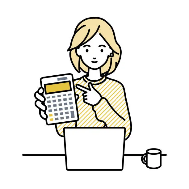 Vector illustration of a woman in casual style recommending, proposing, showing and pointing a calculator with a smile in front of laptop pc