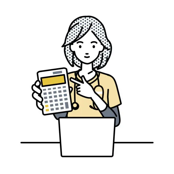 Vector illustration of a nurse woman recommending, proposing, showing estimates and pointing a calculator with a smile in front of laptop pc