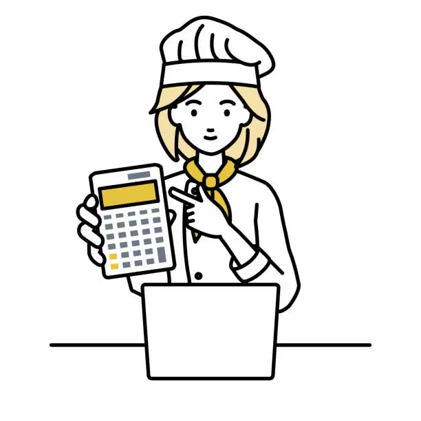 Vector illustration of a woman cook recommending, proposing, showing estimates and pointing a calculator with a smile in front of laptop pc