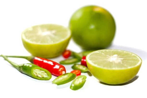 Lemon juice slices and chilled sliced put on white background with concept isolated picture.