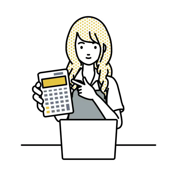 Vector illustration of a woman in cafe apron recommending, proposing, showing estimates and pointing a calculator with a smile in front of laptop pc
