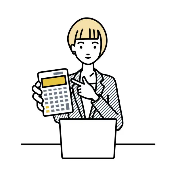 Vector illustration of a woman in business suit style recommending, proposing, showing estimates and pointing a calculator with a smile in front of laptop pc