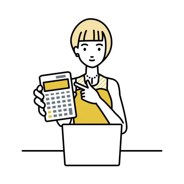 Vector illustration of a woman in dress recommending, proposing, showing estimates and pointing a calculator with a smile in front of laptop pc