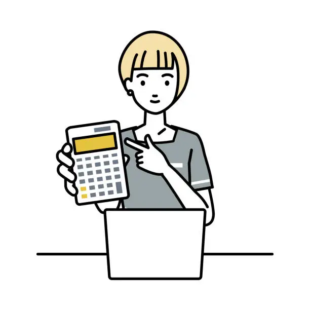 Vector illustration of an esthetician, receptionist woman recommending, proposing, showing estimates and pointing a calculator with a smile in front of laptop pc