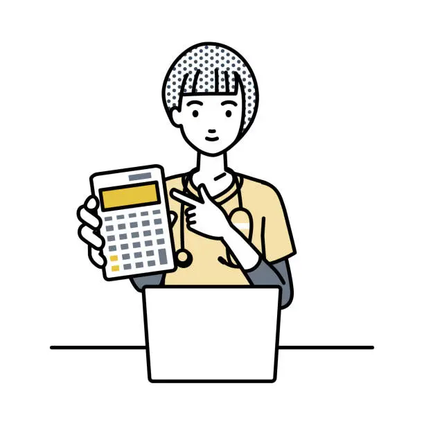 Vector illustration of a nurse woman recommending, proposing, showing estimates and pointing a calculator with a smile in front of laptop pc