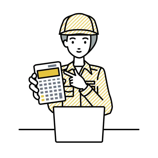 Vector illustration of a blue-collar worker woman recommending, proposing, showing estimates and pointing a calculator with a smile in front of laptop pc