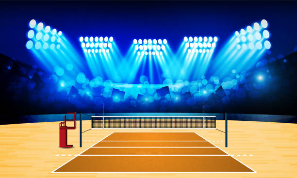 istock Volleyball court arena field with bright stadium lights design. Vector illumination 1500599548