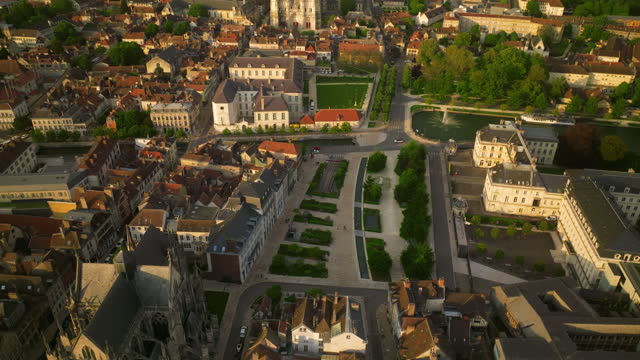 Aerial drone shot of the ancient and beautiful French medieval city of Troyes with beautiful architecture and history. Old traditional French houses in the center of Troyes. Establishing shot
