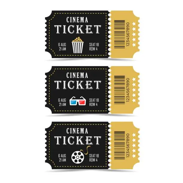 Vector illustration of Realistic cinema tickets. In black, gold colors. Stylish cinema tickets