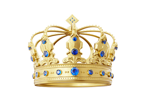 3d royal golden crown with blue diamonds on isolated background. Textured king gold crown. 3d rendering illustration.