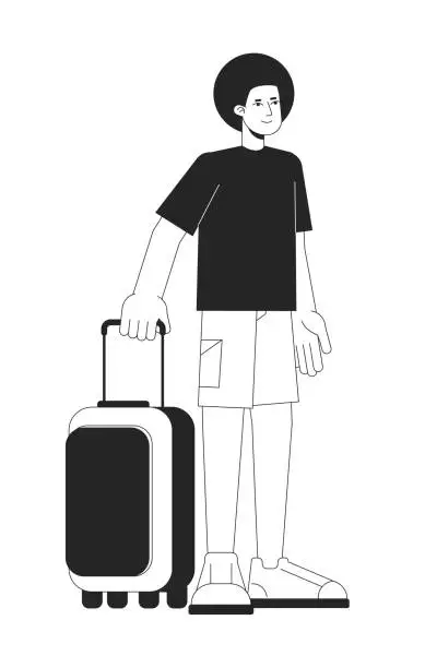 Vector illustration of Afro hair man holding baggage flat line black white vector character
