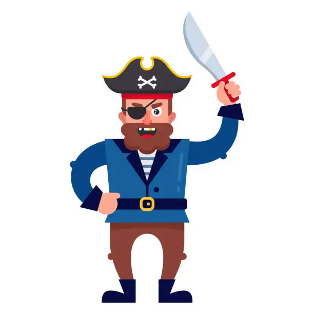 Vector illustration of bearded pirate character in full growth. flat vector illustration.
