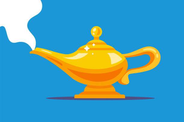 волшебная золотая лампа с джинном из арабской ночи. плоская векторная иллюстрация. - aladdin stock illustrations