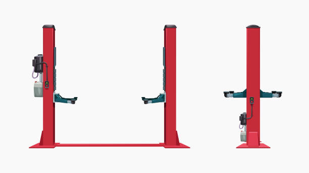 widok z przodu i z boku czerwona winda samochodowa - hydraulic platform illustrations stock illustrations