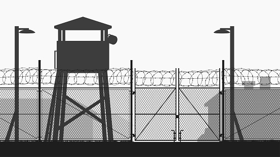 illustration of military base with guard tower and chain fence silhouette