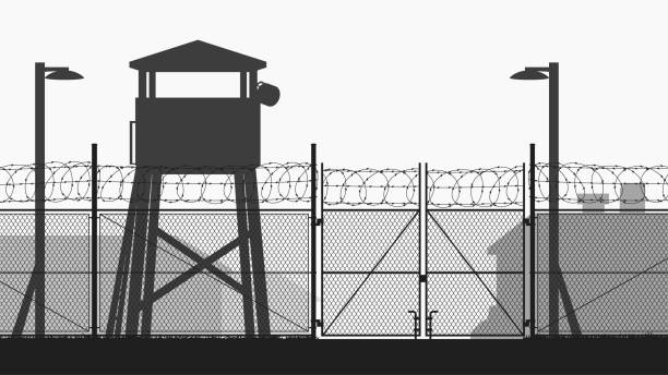 chain fence and guard tower at military base illustration of military base with guard tower and chain fence silhouette desert camping stock illustrations