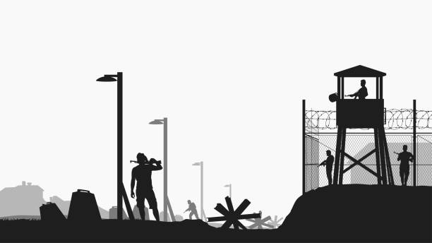 military base black color silhouette on white illustration of military base with guardians black color silhouette on white background desert camping stock illustrations