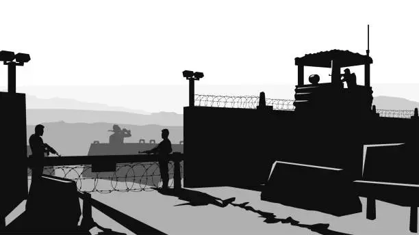 Vector illustration of military base with soldiers in silhouette style