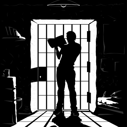 illustration of prisoner silhouette standing and reading a book near the bars