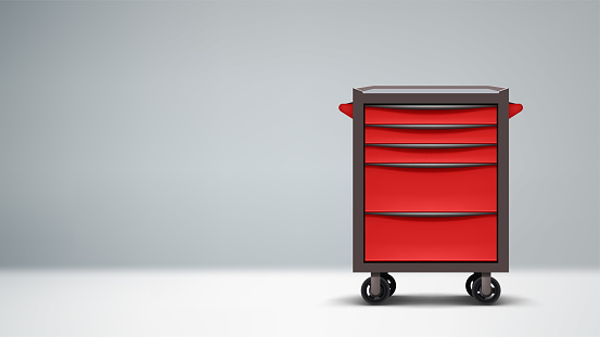 illustration of red front view metal tools cabinet on gray background