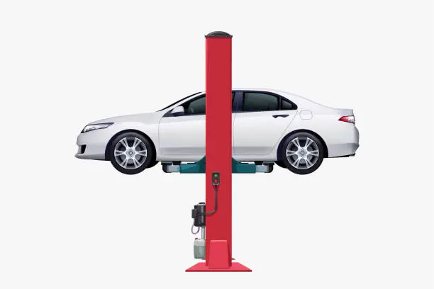 Vector illustration of white vehicle on car lift side view